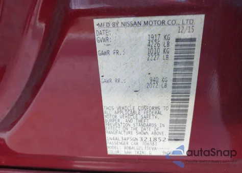 2016 Nissan Altima 2.5/2.5 S/2.5 Sl/2.5 Sr/2.5 Sv from USA, damaged, VIN 1N4AL3AP5GN321852